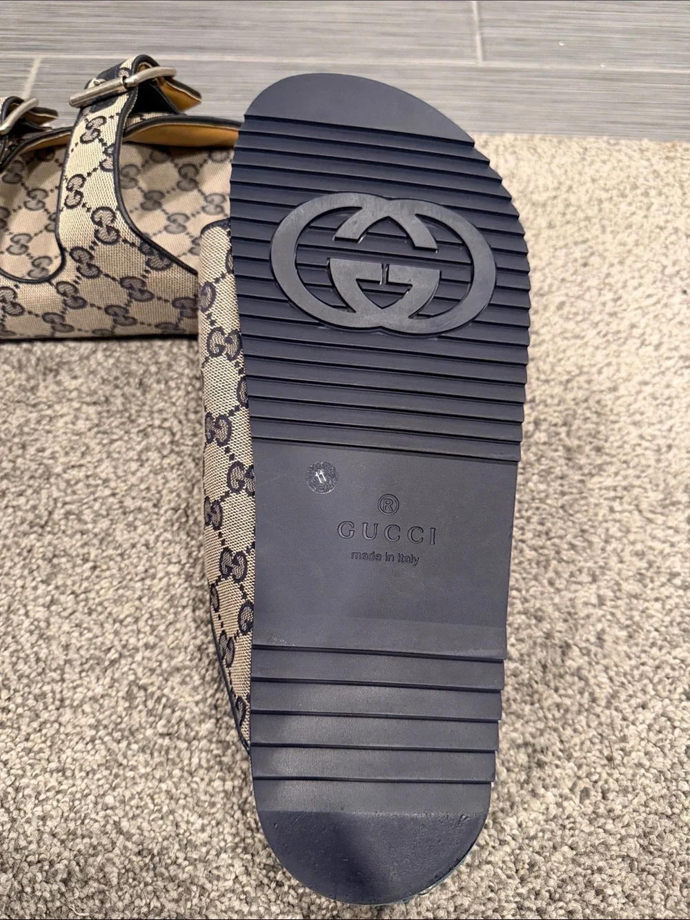 Gucci  Beige GG Canvas Double-Buckle Sandals with Navy Trim. Men’s size 11